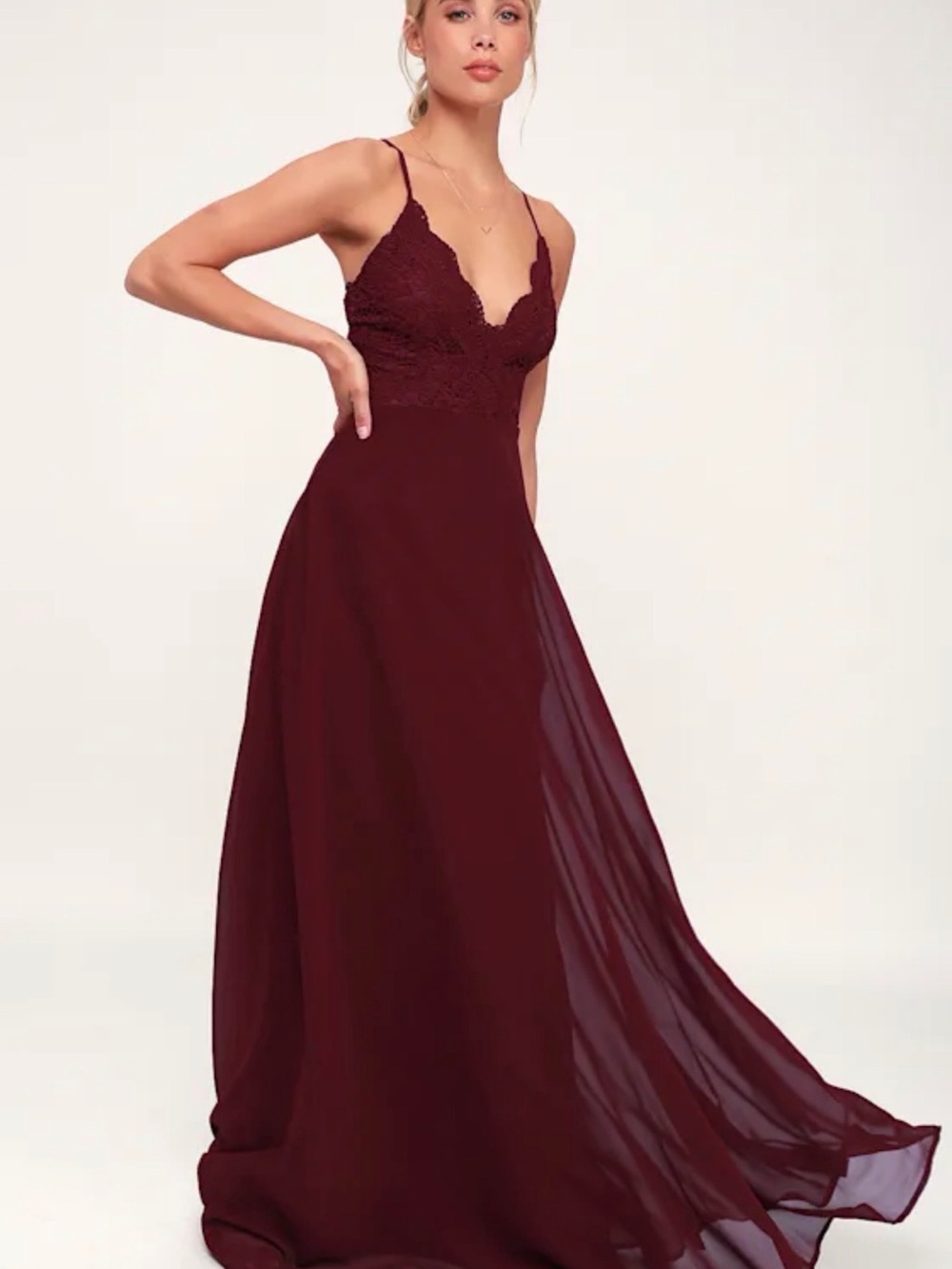 Lulus Burgundy Lace Chiffon Maxi Formal Dress x-Small